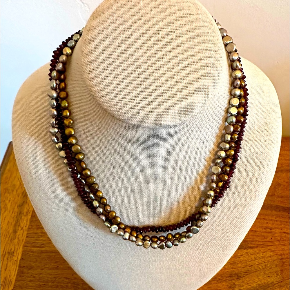 3-strand freshwater pearl and garnet bead necklace